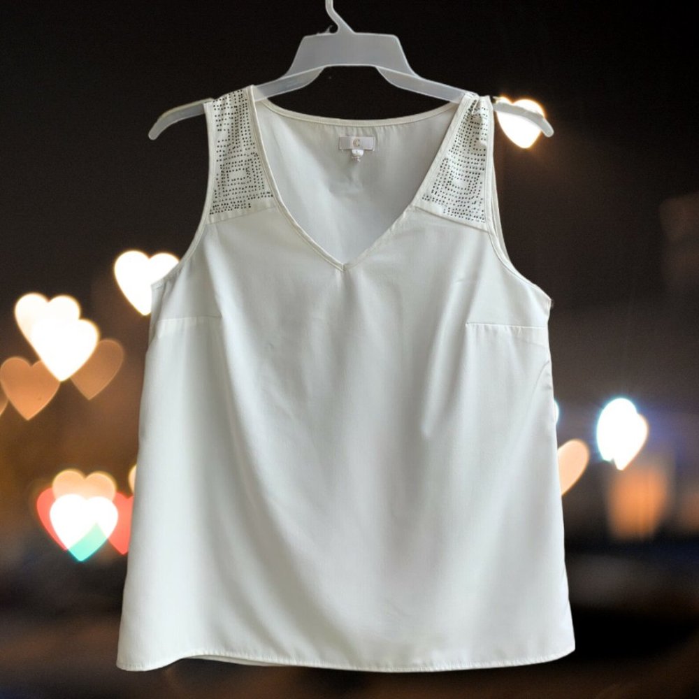 Cato Women's Sleeveless Tank Top V-neck Rhinestone White Size L